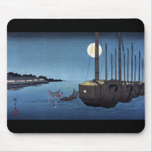 Mousepad Cena do luar em um rio com barcos, Hiroshige