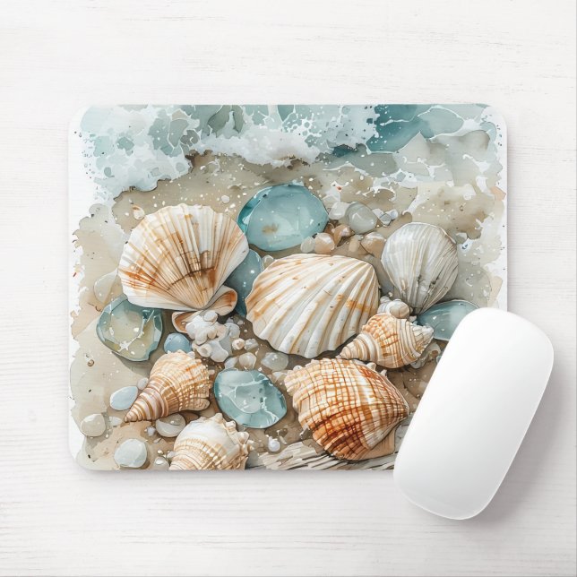 Mousepad Cena em aquarela de conchas marinhas costeiras e m (Com mouse)