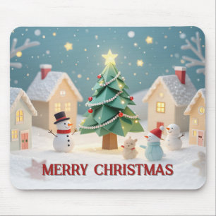 Mousepad Cena Festiva de Árvore de Natal e Bonecos de Neve