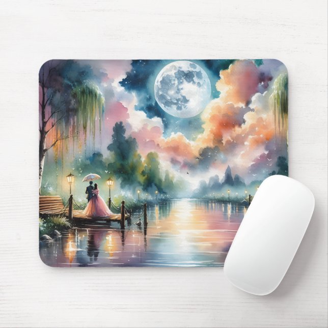 Mousepad Cena Noturna Romântica de Moonlight Watercolor (Com mouse)
