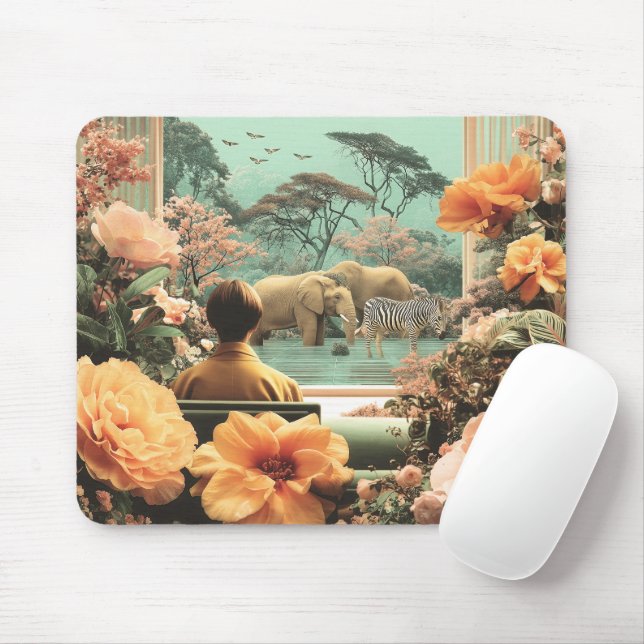 Mousepad Cena Surrealista de Safari com Elefantes Zebras (Com mouse)