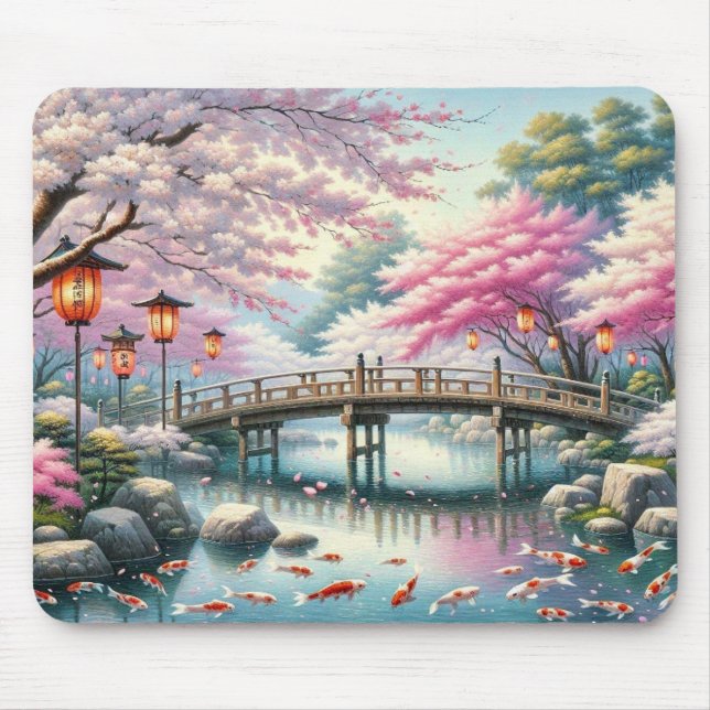 Mousepad Cenário japonês com Ponte, Koi e Sakura (Frente)