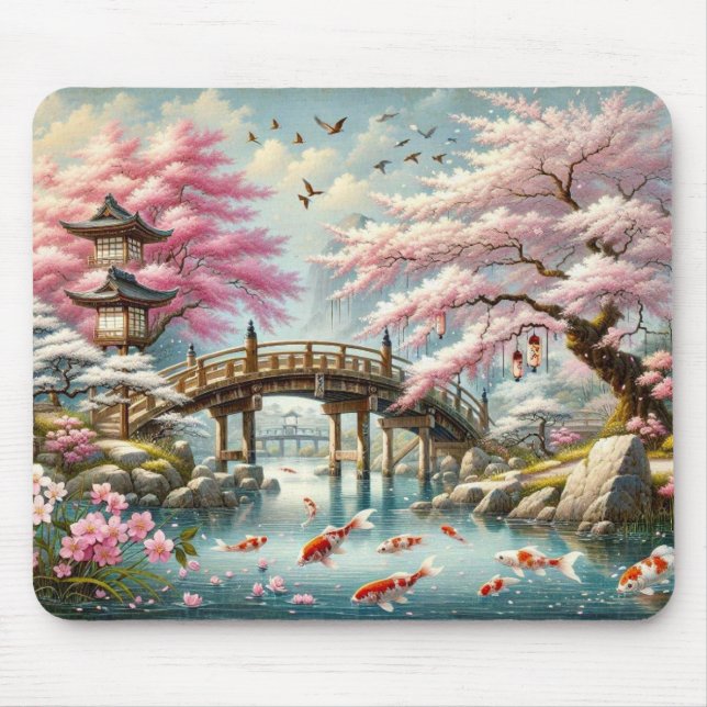 Mousepad Cenário japonês com Ponte, Koi e Sakura (Frente)