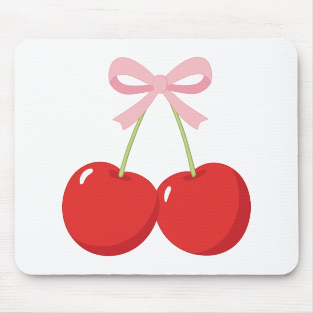 Mousepad Cerejas Vermelhas com Arco Rosa Coquette Chic (Frente)