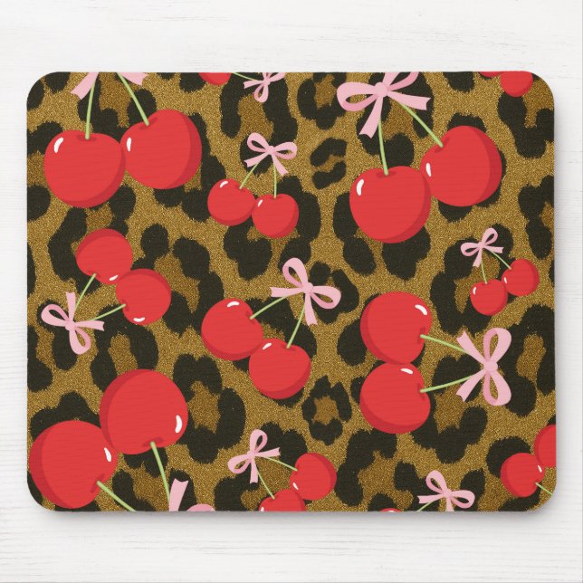 Mousepad Cerejas Vermelhas com Laço Rosa Estampa de Leopard (Frente)