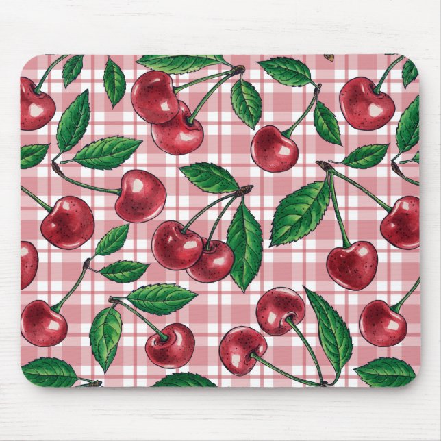 Mousepad Cerejas vermelhas em xadrez rosa (Frente)