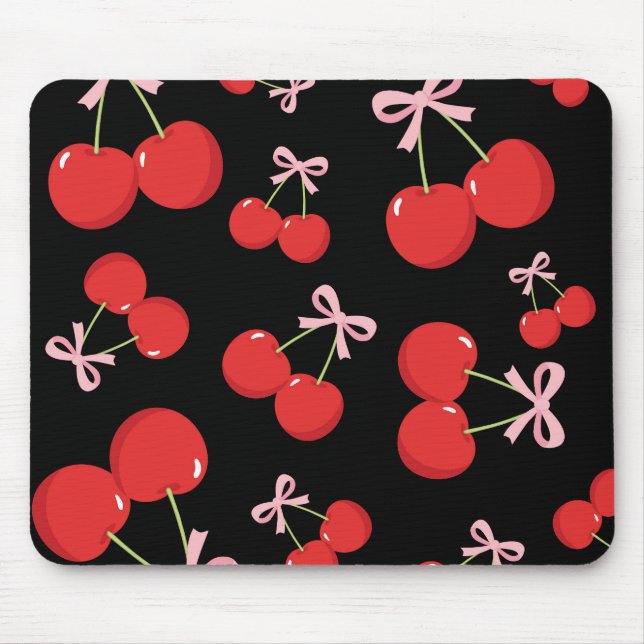 Mousepad Cerejas Vermelhas Pretas Laço Rosa Coquette Charmo (Frente)