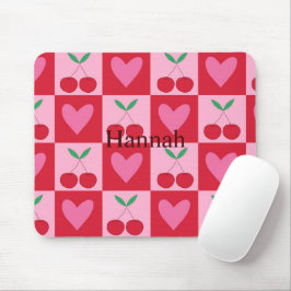 Mousepad Cerejas Xadrez com Corações Rosas Nome Personaliza