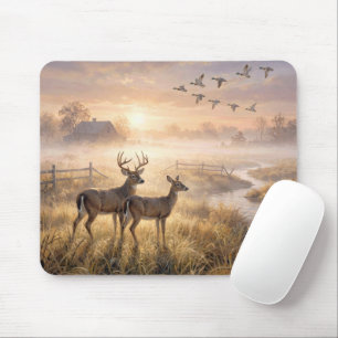 Mousepad Cervo em Pé junto a um Rio ao Amanhecer