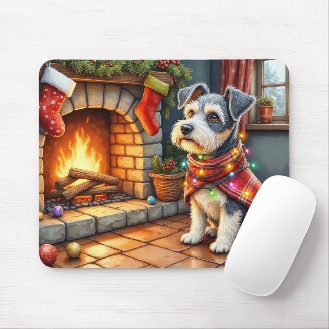 Mousepad Cesky Terrier Lareira com Luzes de Natal (Com mouse)
