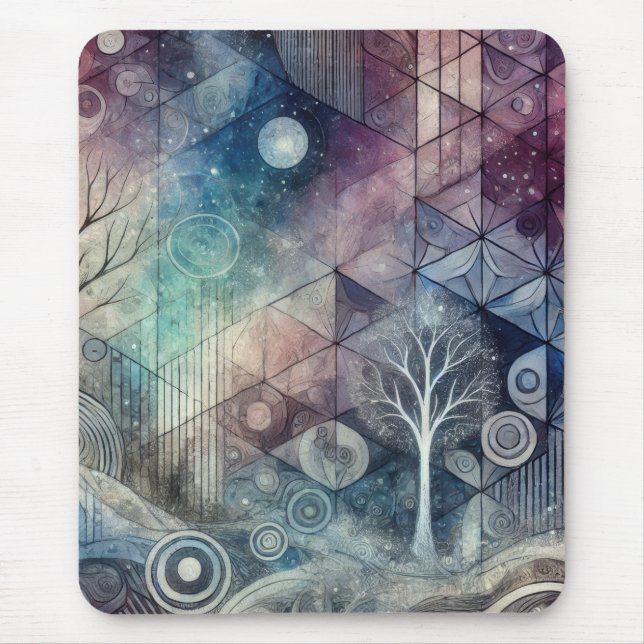 Mousepad Céu Noturno Místico Padrões Geométricos & Árvore B (Frente)