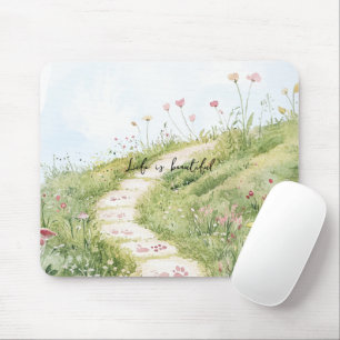 Mousepad Céus Azuis Caminho de Grama Flores Rosas