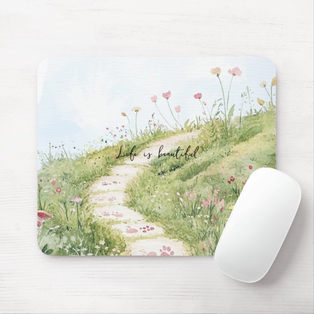 Mousepad Céus Azuis Caminho de Grama Flores Rosas (Com mouse)