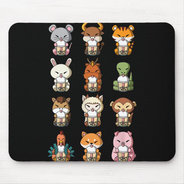 Mousepad Chá de Leite com Bolhas Boba Zodíacos Chineses Ani (Frente)