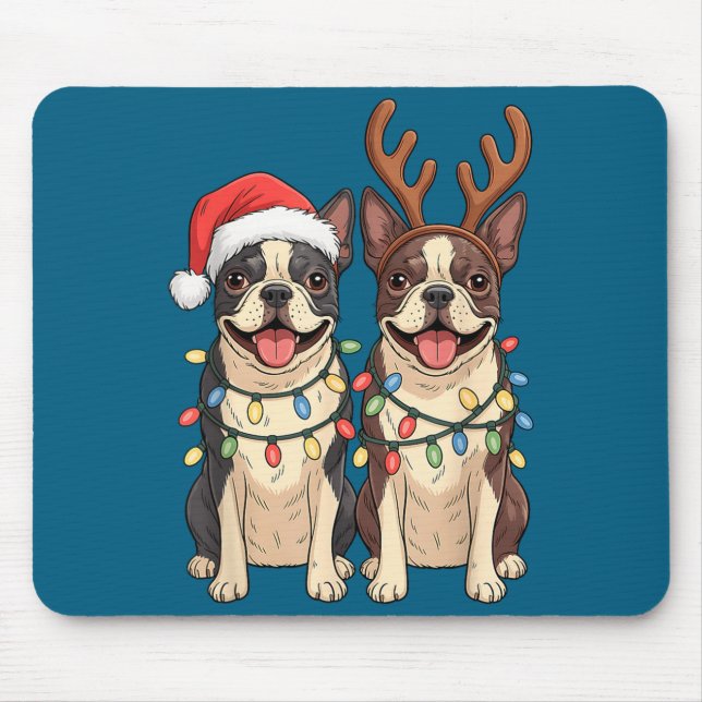 Mousepad Chapéu de Papai Noel de Natal do Boston Terrier Lu (Frente)