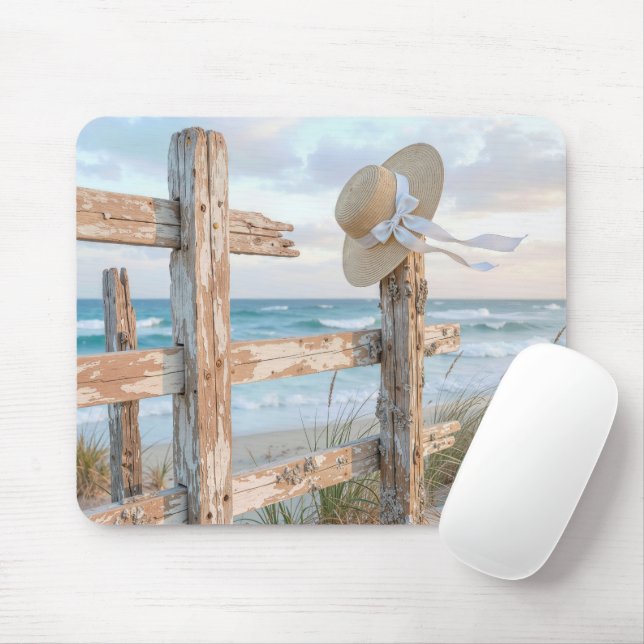 Mousepad Chapéu de Praia em Poste de Cerca Desgastado (Com mouse)