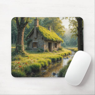 Mousepad Charmoso Chalé de Pedra Junto a um Córrego Florest