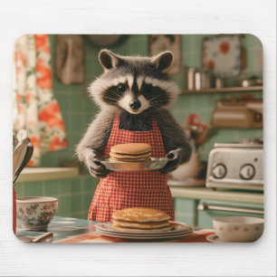 Mousepad Chef de guaxinim em cozinha retrô servindo pancake