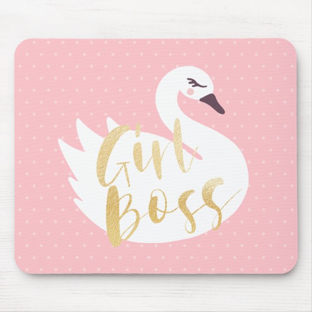 Mousepad Chefe Garota | Swan e Bolinhas Brancos Chic (Frente)