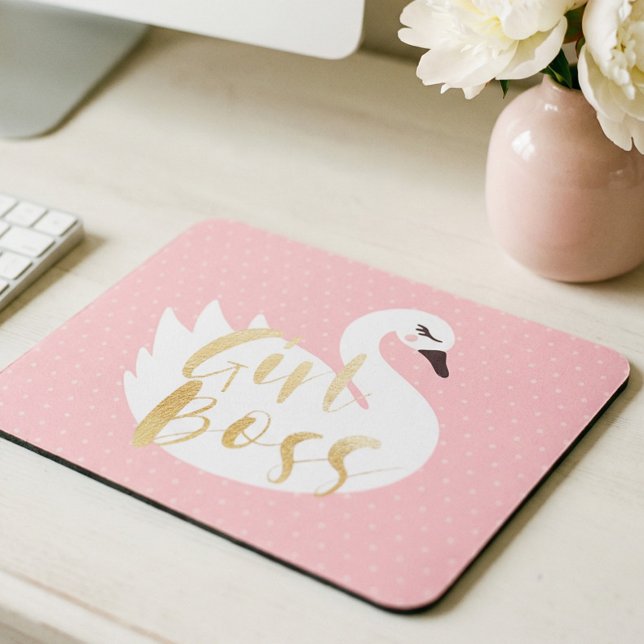 Mousepad Chefe Garota | Swan e Bolinhas Brancos Chic (Girl Boss | Chic Girly White Swan & Polka Dot Mouse Pad)