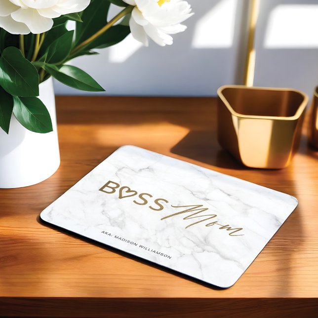 Mousepad Chefe Moderno Mãe Na moda Dourada e Cinza Branca (Modern Boss Mom Stylish Gold & White Grey Marble Mouse Pad)