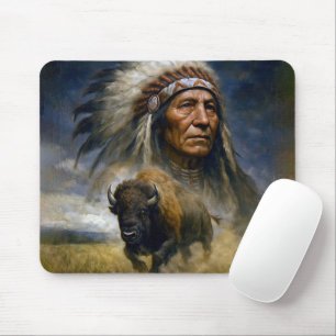 Mousepad Chefe Nativo Americano com Búfalo em Carga