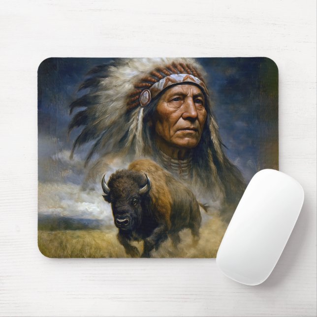 Mousepad Chefe Nativo Americano com Búfalo em Carga (Com mouse)