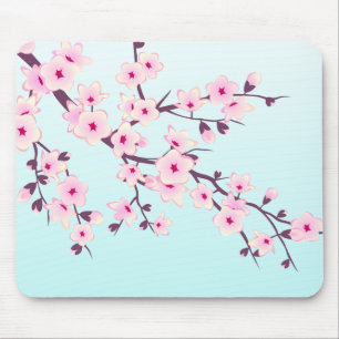 Mousepad Cherry Blossomo Turquesa Rosa Floral