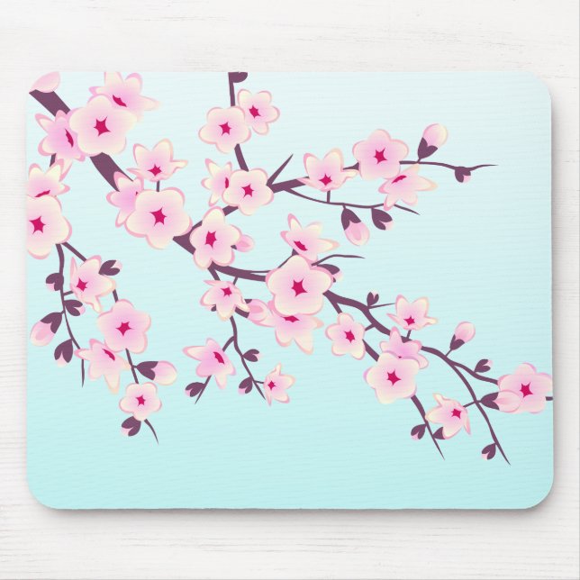 Mousepad Cherry Blossomo Turquesa Rosa Floral (Frente)
