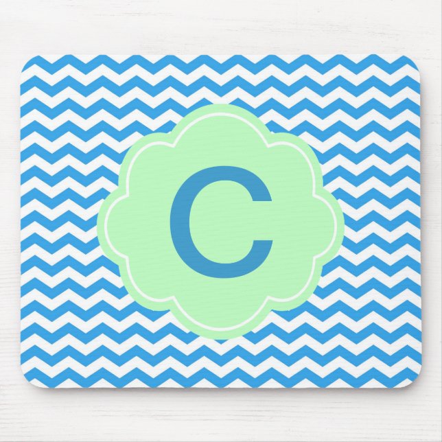 Mousepad Chevron azul, forma verde clara, monograma (Frente)