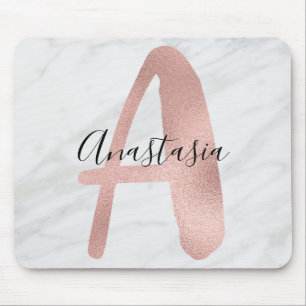 Mousepad Chic Branco & Mármore Cinza Rosa Dourado Monograma