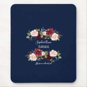 Mousepad Chic Burgundy Blush Floral Marinho Azul Monograma