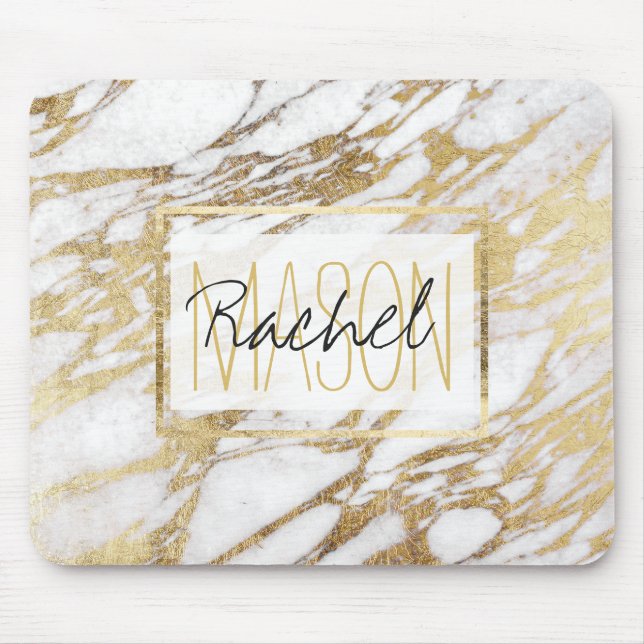 Mousepad Chic Elegant White e Monograma Dourado de Marble (Frente)
