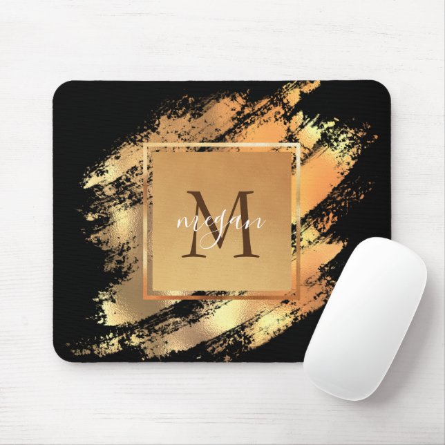 Mousepad Chic Falso Glam Dourado Pincelada Monogramada (Com mouse)