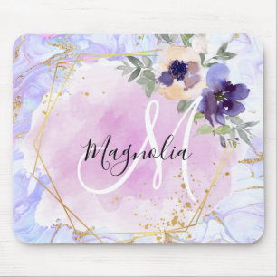 Mousepad Chic Floral Azul Rosa Dourado Arco-íris Mármore Mo
