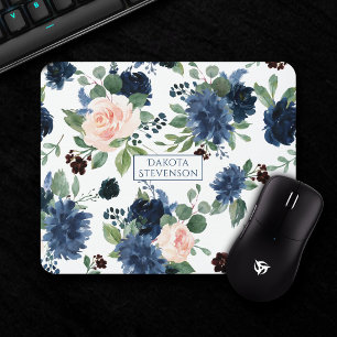Mousepad Chic Floral Monograma de padrão azul de Marinho