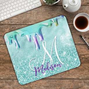Mousepad Chic mint ombre glitter unicorn drips monogram