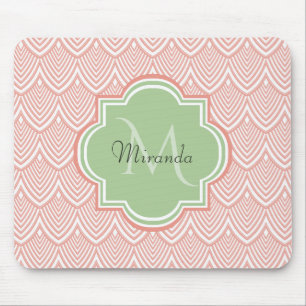 Mousepad Chic Pink Arched Scallops Nome do Monograma Verde 