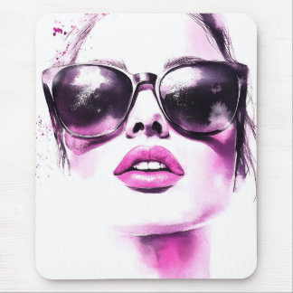 Mousepad Chic Pink Watercolor Fashion Woman Sunglasses