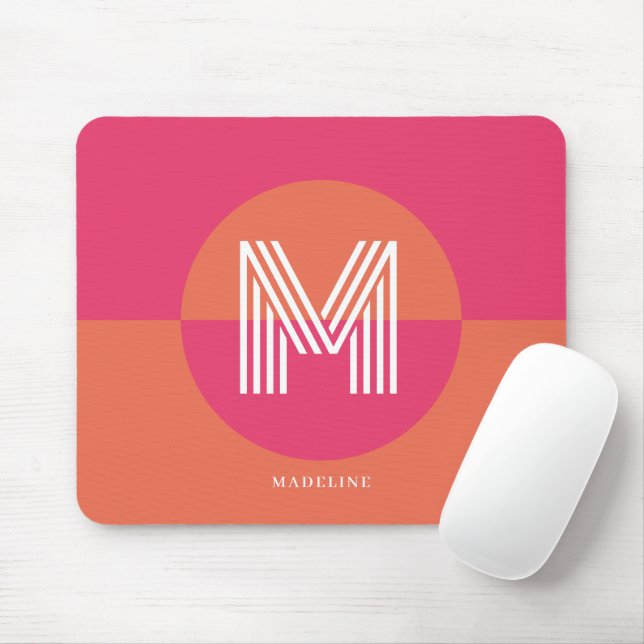 Mousepad Chic Retro Pink Orange Geometric Modern Monogram (Com mouse)