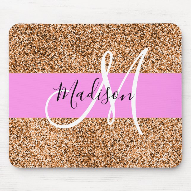 Mousepad Chic Rosa & Abóbora Brilho Glitter Monograma Nome (Frente)
