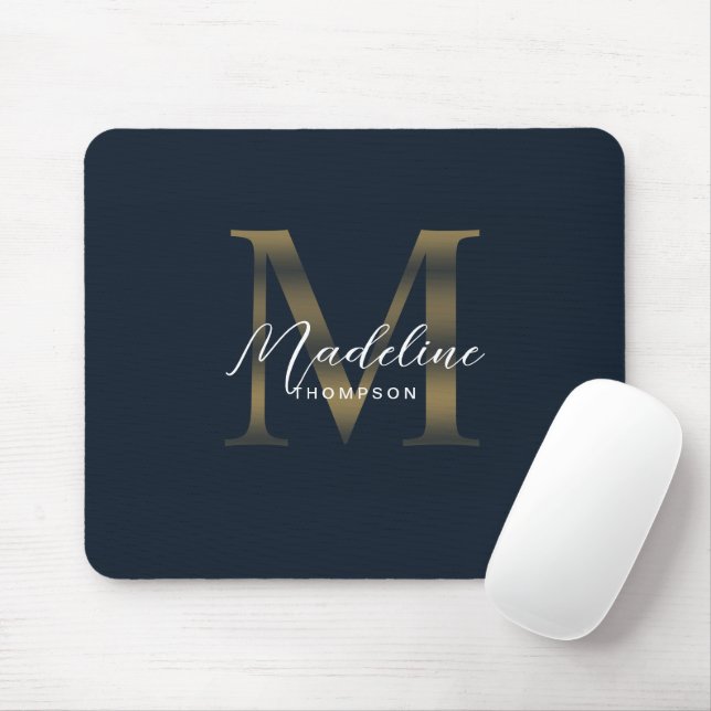 Mousepad Chic Script Metallic Navy Blue and Gold Monogram (Com mouse)
