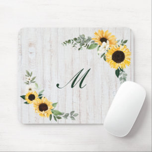 Mousepad Chic Watercolor Sunflower Wreath Whitewood Inicial