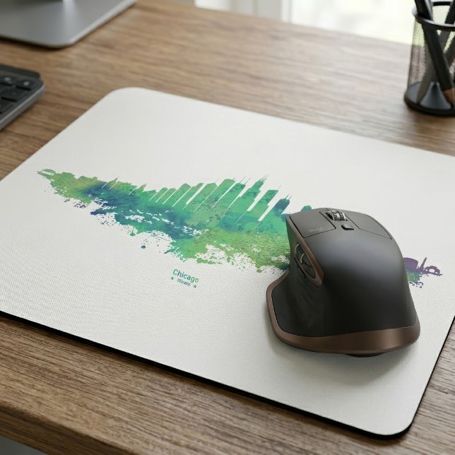 Mousepad Chicago Skyline Watercolor Blue Green City Art (Chicago Skyline Watercolor Blue Green City Art. Mouse Pad)