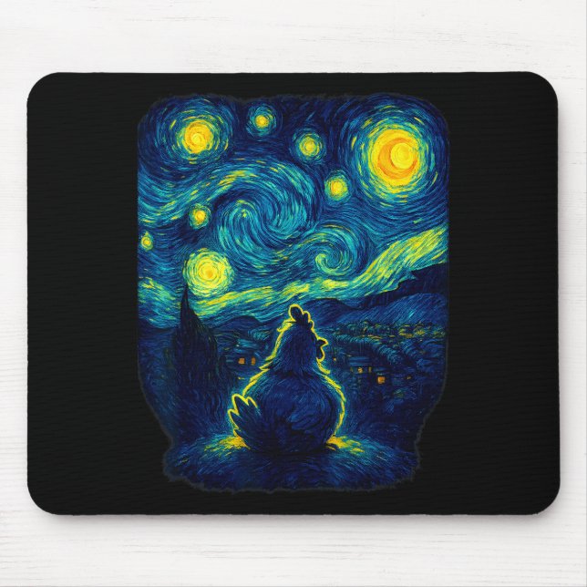 Mousepad Chicken Starry Funny Night Van Gogh Farm Lover Gir (Frente)