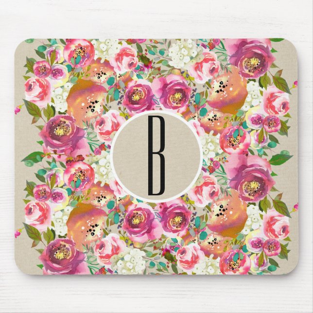 Mousepad Chique de Monograma da Kraft Rustic Floral Elegant (Frente)