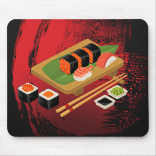 Mousepad Chique Moderno Elegante Sushi Preto e Vermelho