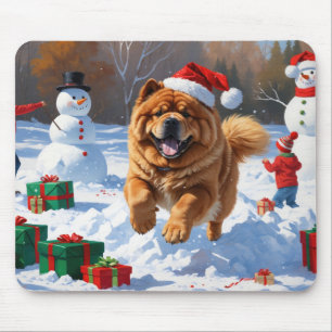 Mousepad Chow Chow Correndo na Neve com Chapéu de Natal