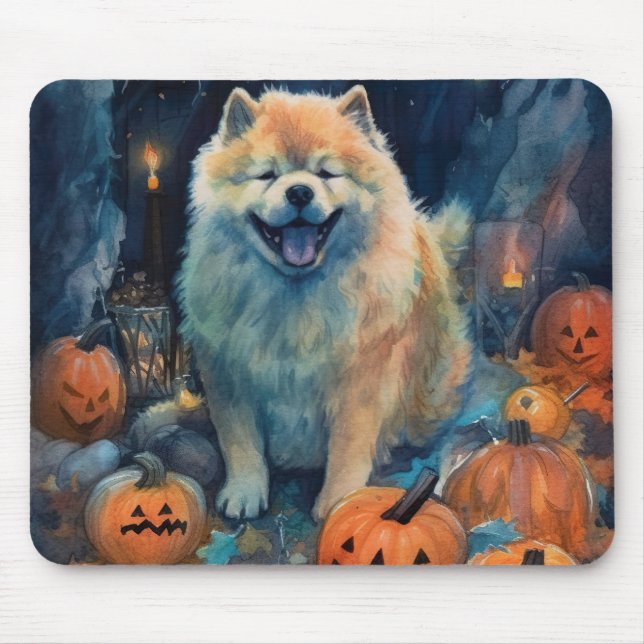 Mousepad Chow Chow de Halloween com Abóboras Assustador (Frente)