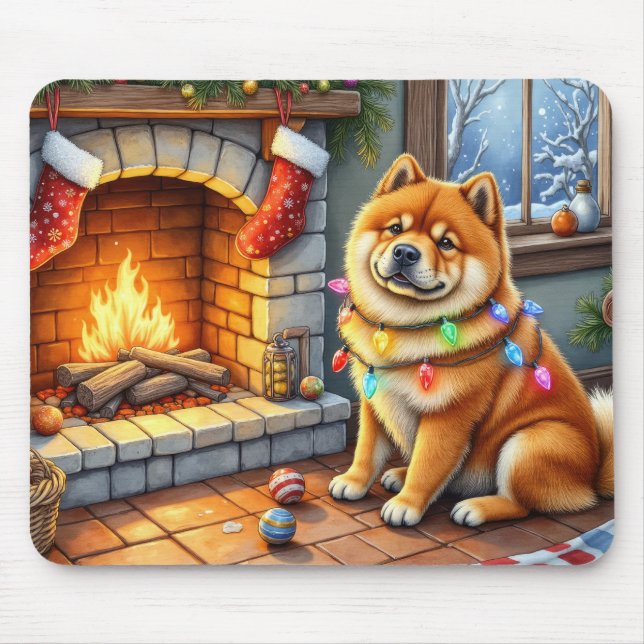 Mousepad Chow Chow Sentado ao Lareira com Luzes de Natal (Frente)